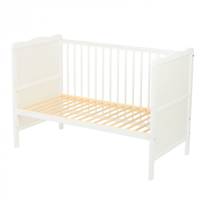 Qmini - Patut din lemn Julia 120x60 cm, multifunctional, cu sertar, Cu sina speciala pentru dentitie, EN716-1, EN716-2, Alb + Saltea 8 cm [10]