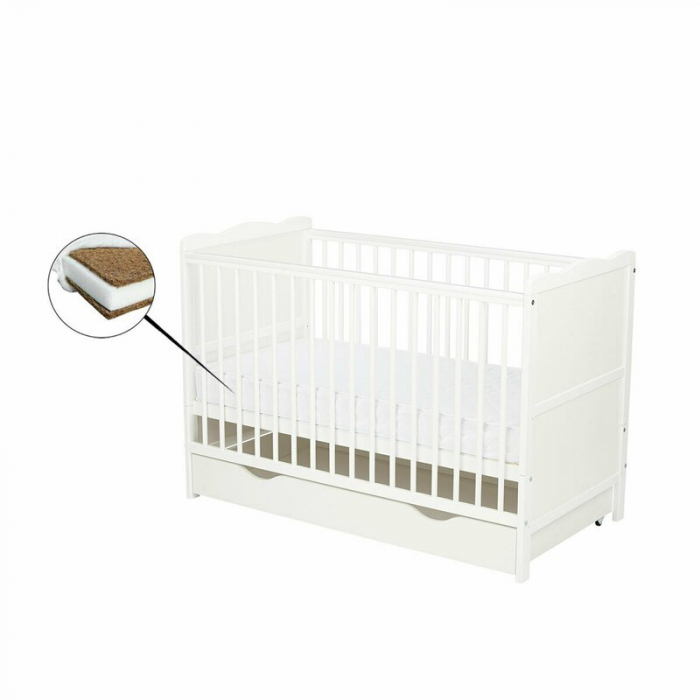 Qmini - Patut din lemn Julia 120x60 cm, multifunctional, cu sertar, Cu sina speciala pentru dentitie, EN716-1, EN716-2, Alb + Saltea 8 cm [3]