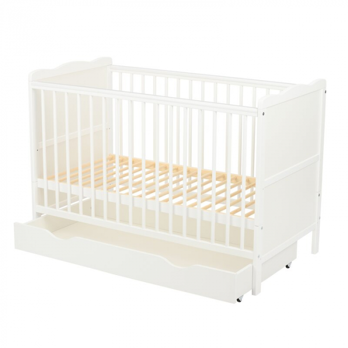 Qmini - Patut din lemn Julia 120x60 cm, multifunctional, cu sertar, Cu sina speciala pentru dentitie, EN716-1, EN716-2, Alb + Saltea 8 cm [8]