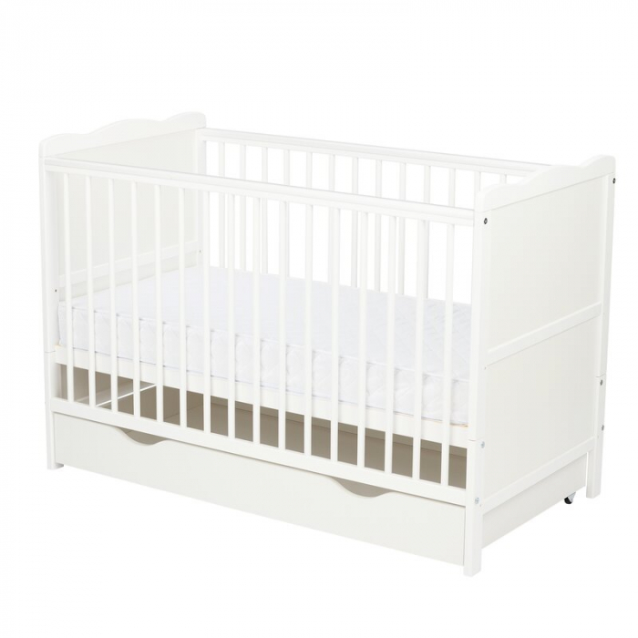 Qmini - Patut din lemn Julia 120x60 cm, multifunctional, cu sertar, Cu sina speciala pentru dentitie, EN716-1, EN716-2, Alb + Saltea 8 cm [5]