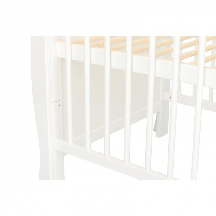 Qmini - Patut din lemn Julia 120x60 cm, multifunctional, cu sertar, Cu sina speciala pentru dentitie, EN716-1, EN716-2, Alb + Saltea 8 cm [14]