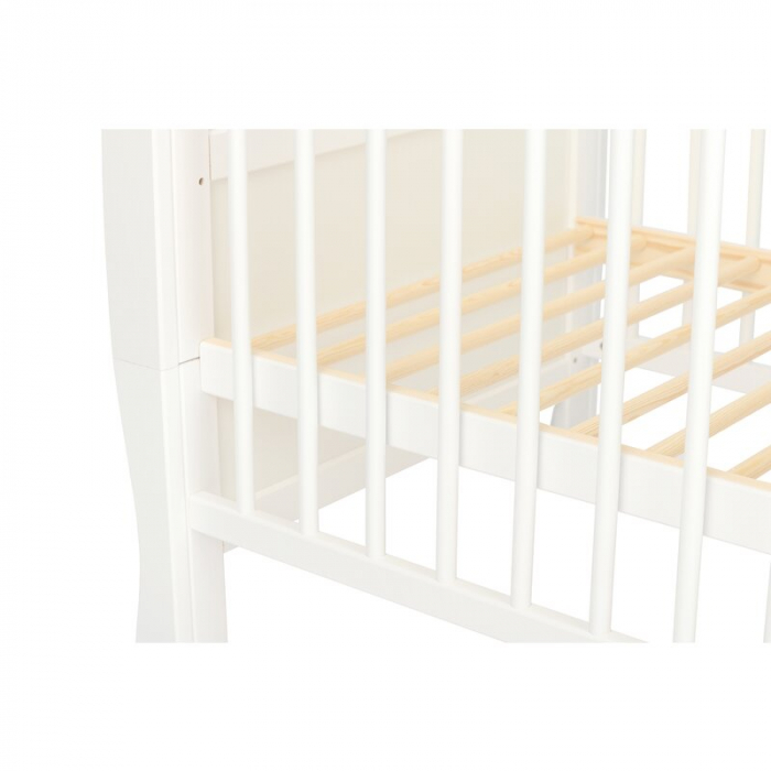 Qmini - Patut din lemn Julia 120x60 cm, multifunctional, cu sertar, Cu sina speciala pentru dentitie, EN716-1, EN716-2, Alb + Saltea 8 cm [13]