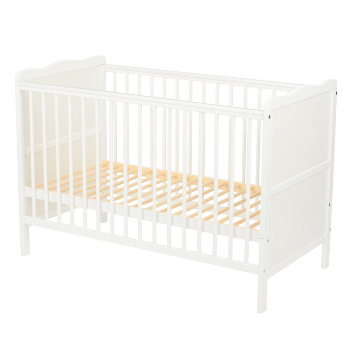 Qmini - Patut din lemn Julia 120x60 cm, multifunctional, Cu sina speciala pentru dentitie, EN716-1, EN716-2, Alb + Saltea 10 cm [8]