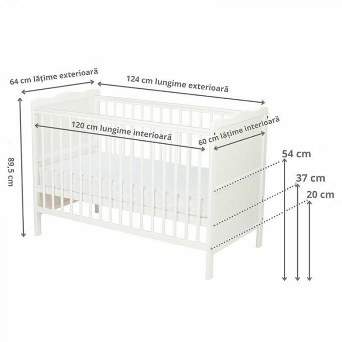 Qmini - Patut din lemn Julia 120x60 cm, multifunctional, Cu sina speciala pentru dentitie, EN716-1, EN716-2, Alb + Saltea 10 cm [4]