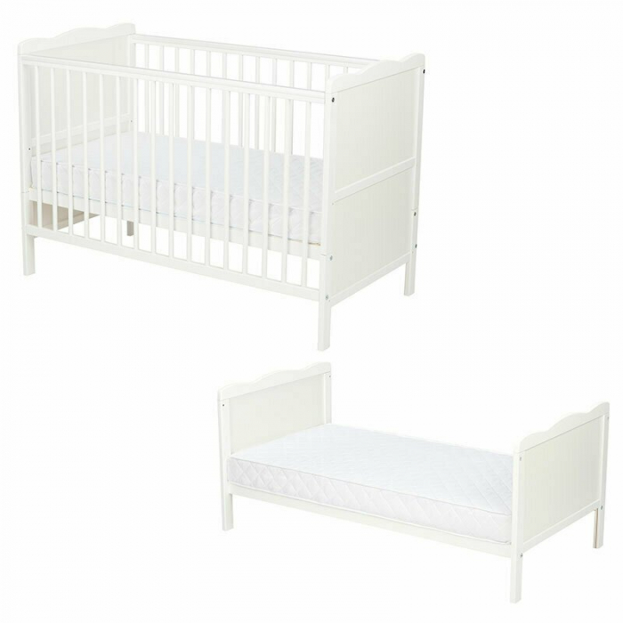 Qmini - Patut din lemn Julia 120x60 cm, multifunctional, Cu sina speciala pentru dentitie, EN716-1, EN716-2, Alb + Saltea 10 cm [2]