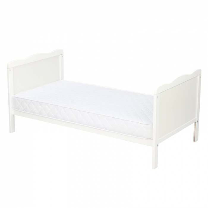 Qmini - Patut din lemn Julia 120x60 cm, multifunctional, Cu sina speciala pentru dentitie, EN716-1, EN716-2, Alb + Saltea 10 cm [9]