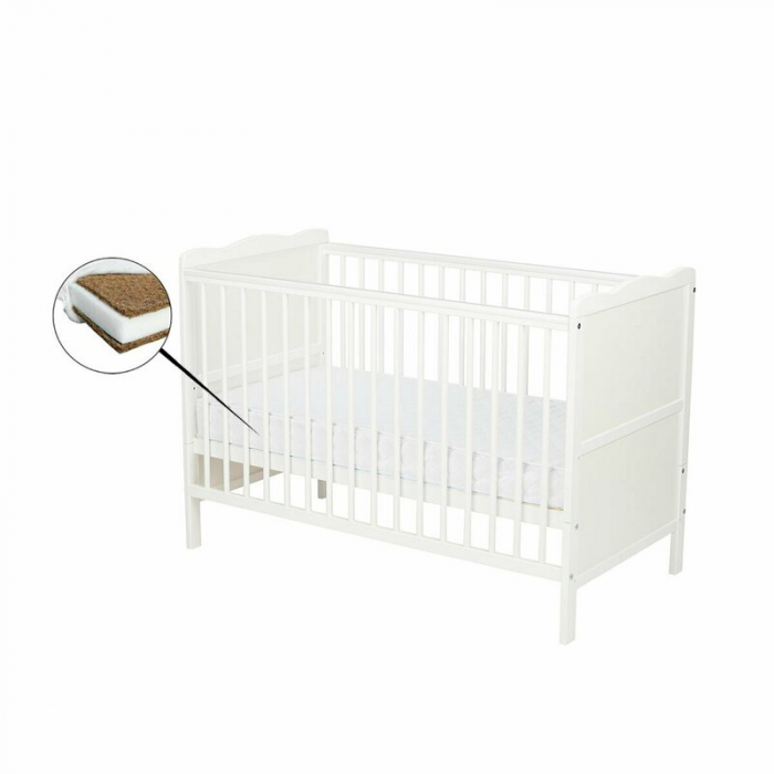 Qmini - Patut din lemn Julia 120x60 cm, multifunctional, Cu sina speciala pentru dentitie, EN716-1, EN716-2, Alb + Saltea 10 cm [3]