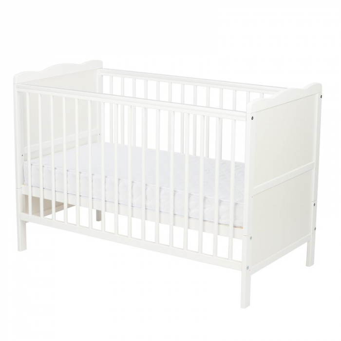 Qmini - Patut din lemn Julia 120x60 cm, multifunctional, Cu sina speciala pentru dentitie, EN716-1, EN716-2, Alb + Saltea 10 cm [5]