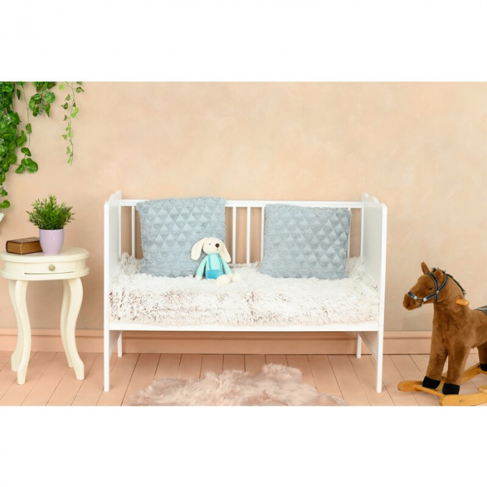 Qmini - Patut din lemn Julia 120x60 cm, multifunctional, Cu sina speciala pentru dentitie, EN716-1, EN716-2, Alb + Saltea 10 cm [6]