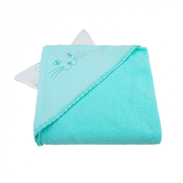 Qmini - Prosop cu gluga cu urechi, Din bumbac, Dimensiune mare 80x80 cm, Aqua Cat [1]