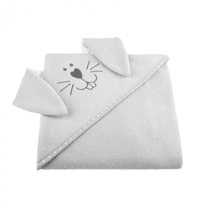 Qmini - Prosop cu gluga cu urechi, Din bumbac, Dimensiune mare 80x80 cm, Gray Rabbit [1]