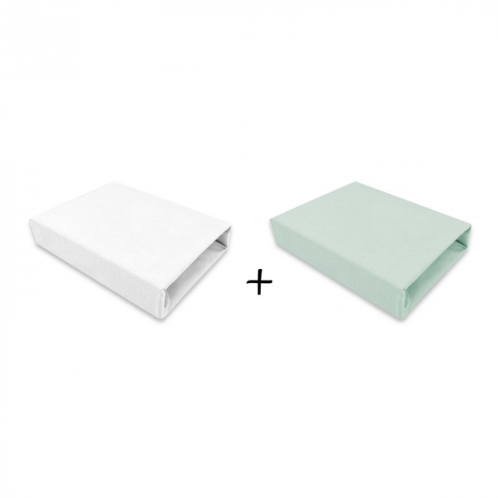 Qmini - Set 2 cearceafuri cu elastic pentru patut leagan sau patut co-sleeper, 90x50 cm, Din bumbac, Material certificat Oeko Tex Standard 100, White and Cold Mint [1]
