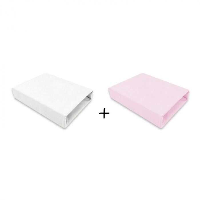 Qmini - Set 2 cearceafuri cu elastic pentru patut leagan sau patut co-sleeper, 90x50 cm, Din bumbac, Material certificat Oeko Tex Standard 100, White and Pink [1]