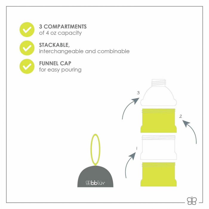 Recipient pentru lapte praf sau gustari, Dose, Cu trei compartimente, BPA Free, Bbluv, Lime [11]
