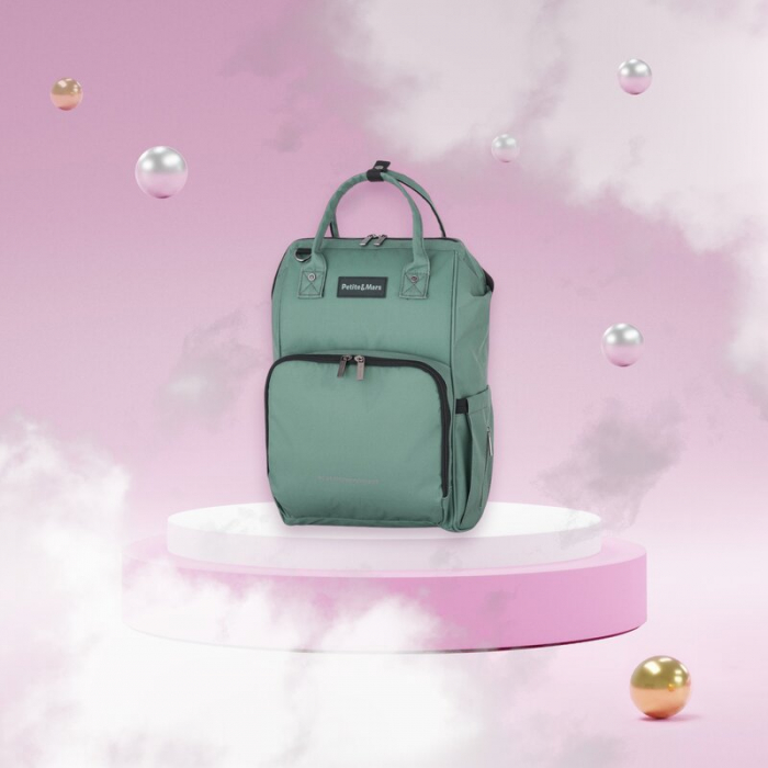Rucsac pentru mamici, Petite&Mars, Jack, Cu 11 compartimente, Cu buzunare termice, Saltea de infasat inclusa, 30 x 42 x 15 cm, Misty Green [3]
