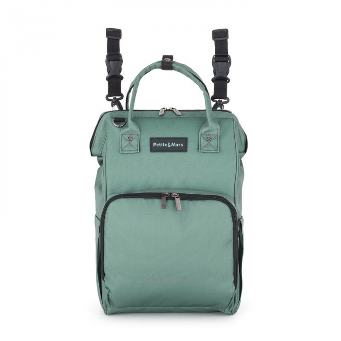 Rucsac pentru mamici, Petite&Mars, Jack, Cu 11 compartimente, Cu buzunare termice, Saltea de infasat inclusa, 30 x 42 x 15 cm, Misty Green [4]
