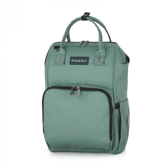 Rucsac pentru mamici, Petite&Mars, Jack, Cu 11 compartimente, Cu buzunare termice, Saltea de infasat inclusa, 30 x 42 x 15 cm, Misty Green [2]