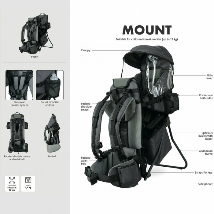 Rucsac pentru transportul copiilor, Cu acoperis, Cu multiple compartimente, Mount, FreeON, 87.5 x 38 x 77 cm, Conform cu standardul european de securitate EN 13209-1:2022, Grey [6]