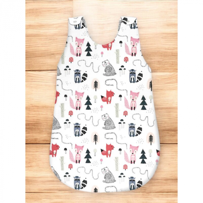 Sac de dormit, MimiNu, Pentru bebelusi, De iarna, Din bumbac certificat Oeko Tex Standard 100, Cu fermoar lateral, Cu capse pe umar, 70 cm, 0 - 6 luni, 2.5 Tog, Fox [2]