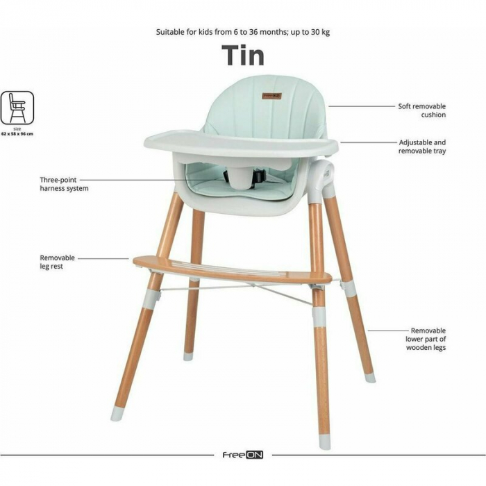 Scaun de masa 2 in 1 reglabil, Tin, Cu tavita si husa detasabile, Suport pentru picioare reglabil, Conform cu standardul european de securitate EN 14988:2017+A1:2020, FreeON, Light Green [18]