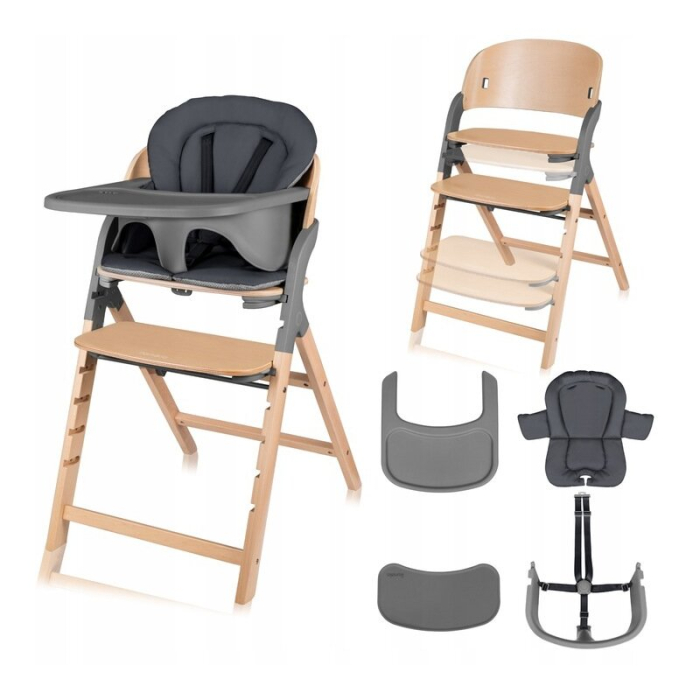 Scaun de masa multifunctional Megan, Lionelo, Din lemn de fag, 6 luni- adult, Reglabil pe inaltime, Husa impermeabila, Tavita silicon, Suport de picioare reglabil, Greutate maxima 110 Kg, Gri [2]