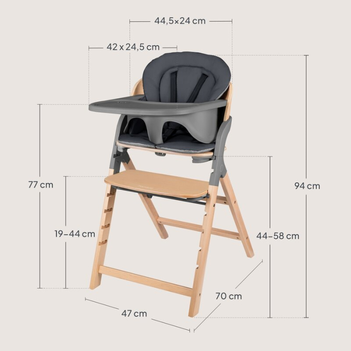 Scaun de masa multifunctional Megan, Lionelo, Din lemn de fag, 6 luni- adult, Reglabil pe inaltime, Husa impermeabila, Tavita silicon, Suport de picioare reglabil, Greutate maxima 110 Kg, Gri [28]