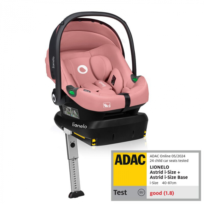 Scoica auto, Lionelo, i-Size Astrid, Include baza Isofix, 0-13 Kg, 40-87 cm, Cu maner si capotina reglabile, Cu protectie laterala avansata, Salteluta confortabila, Testat ADAC, Conform cu R129, Roz [1]