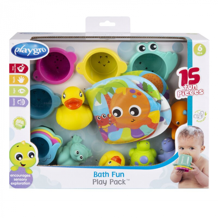 Set 15 jucarii de baie, Playgro, Include 5 animalute, o ratusca plutitoare, o carticica si 8 cupe pentru stivuire, Plastic, Fara BPA, 6 luni+, Bath Fun Play Pack [2]