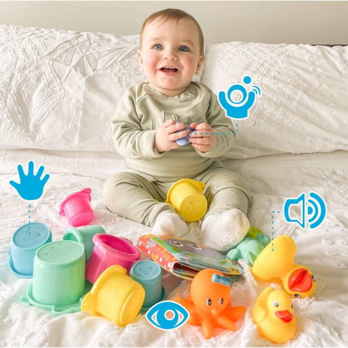 Set 15 jucarii de baie, Playgro, Include 5 animalute, o ratusca plutitoare, o carticica si 8 cupe pentru stivuire, Plastic, Fara BPA, 6 luni+, Bath Fun Play Pack [8]
