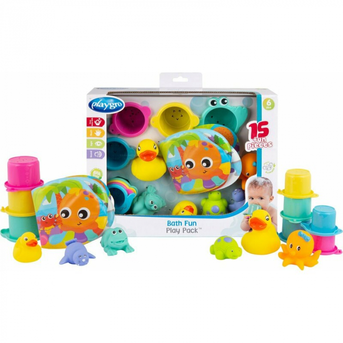 Set 15 jucarii de baie, Playgro, Include 5 animalute, o ratusca plutitoare, o carticica si 8 cupe pentru stivuire, Plastic, Fara BPA, 6 luni+, Bath Fun Play Pack [1]