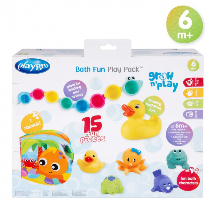 Set 15 jucarii de baie, Playgro, Include 5 animalute, o ratusca plutitoare, o carticica si 8 cupe pentru stivuire, Plastic, Fara BPA, 6 luni+, Bath Fun Play Pack [4]