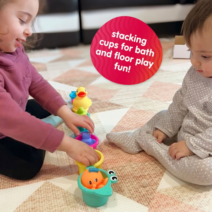 Set 15 jucarii de baie, Playgro, Include 5 animalute, o ratusca plutitoare, o carticica si 8 cupe pentru stivuire, Plastic, Fara BPA, 6 luni+, Bath Fun Play Pack [11]