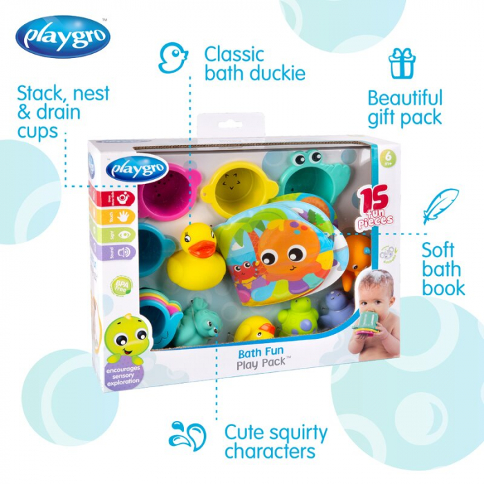 Set 15 jucarii de baie, Playgro, Include 5 animalute, o ratusca plutitoare, o carticica si 8 cupe pentru stivuire, Plastic, Fara BPA, 6 luni+, Bath Fun Play Pack [3]
