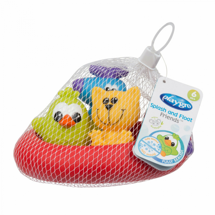 Set 3 animalute de baie si barca plutitoare, Fara gauri, Cu gentuta pentru transport, Fara BPA, Splash and Float Friends, Playgro, Multicolor [8]