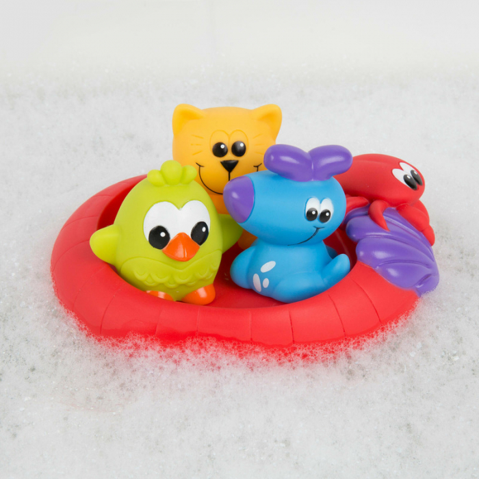 Set 3 animalute de baie si barca plutitoare, Fara gauri, Cu gentuta pentru transport, Fara BPA, Splash and Float Friends, Playgro, Multicolor [2]