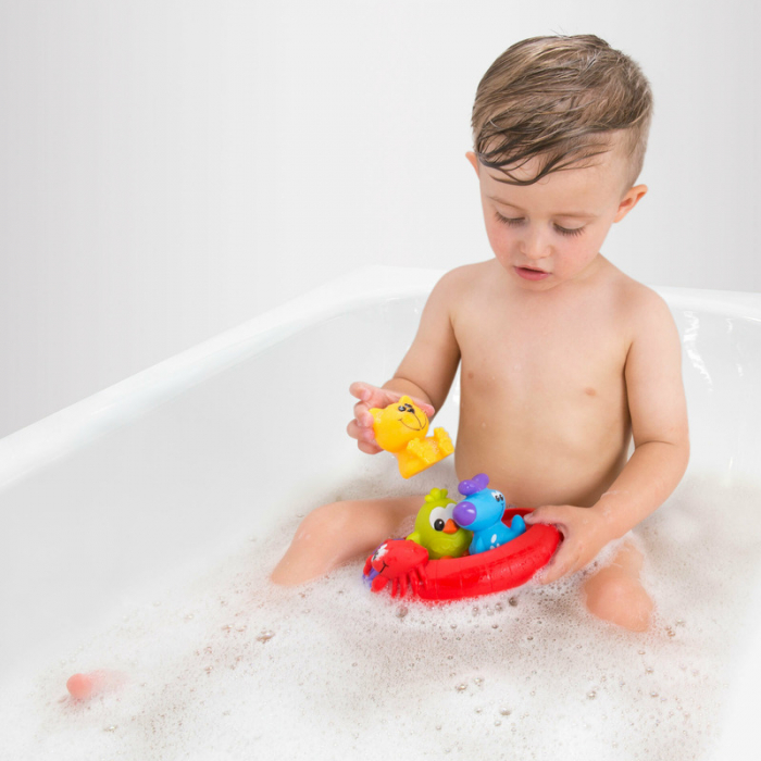 Set 3 animalute de baie si barca plutitoare, Fara gauri, Cu gentuta pentru transport, Fara BPA, Splash and Float Friends, Playgro, Multicolor [3]