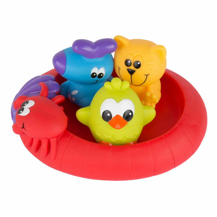 Set 3 animalute de baie si barca plutitoare, Fara gauri, Cu gentuta pentru transport, Fara BPA, Splash and Float Friends, Playgro, Multicolor [1]