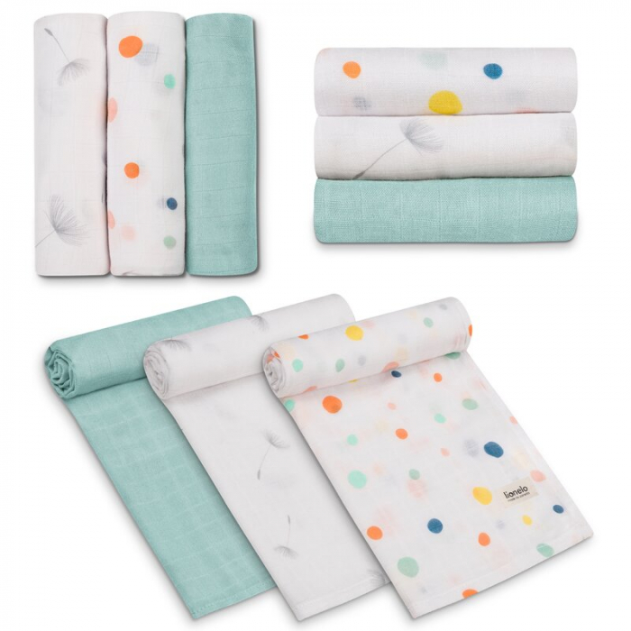 Set 3 museline, Lionelo, Dot, Multifunctionale, Din bambus, Ideale pentru infasat, Cu proprietati antibacteriene, antifungice si antialergice, Lavabile la masina de spalat, 70x70 cm, Multicolor [4]
