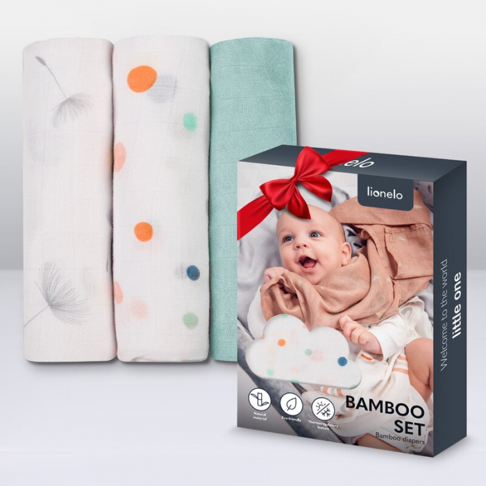 Set 3 museline, Lionelo, Dot, Multifunctionale, Din bambus, Ideale pentru infasat, Cu proprietati antibacteriene, antifungice si antialergice, Lavabile la masina de spalat, 70x70 cm, Multicolor [8]