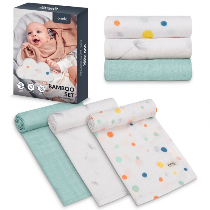 Set 3 museline, Lionelo, Dot, Multifunctionale, Din bambus, Ideale pentru infasat, Cu proprietati antibacteriene, antifungice si antialergice, Lavabile la masina de spalat, 70x70 cm, Multicolor [3]