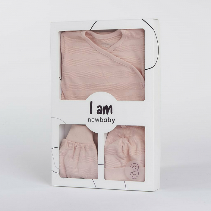 Set 3 piese: body cu maneca lunga, pantalonasi cu botosei, caciulita, Marime 62, Din bumbac 100%, New Baby, I am Pink [2]