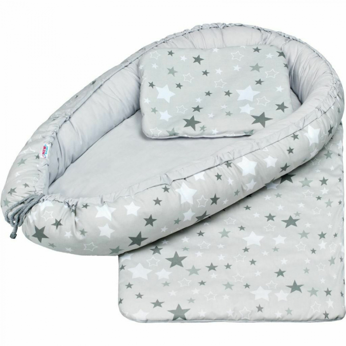 Set 3 piese, cosulet Baby Nest 60x30 cm, Cu paturica si pernuta, New Baby, White/Grey stars [3]