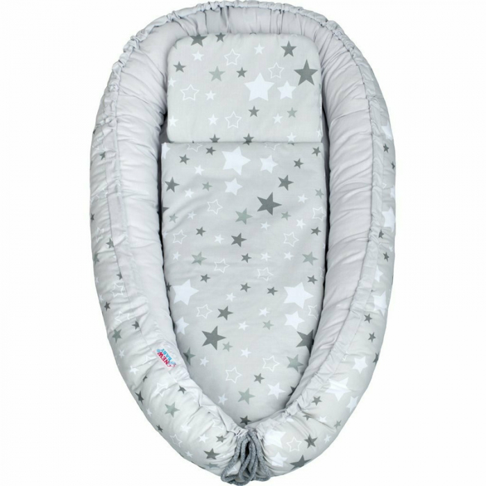 Set 3 piese, cosulet Baby Nest 60x30 cm, Cu paturica si pernuta, New Baby, White/Grey stars [2]