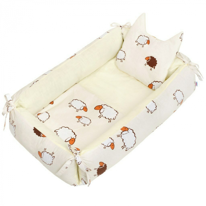 Set 3 piese, cosulet Baby Nest 75x55 cm multifunctional, paturica si pernuta cu urechi, New Baby, Sheep Beige [1]