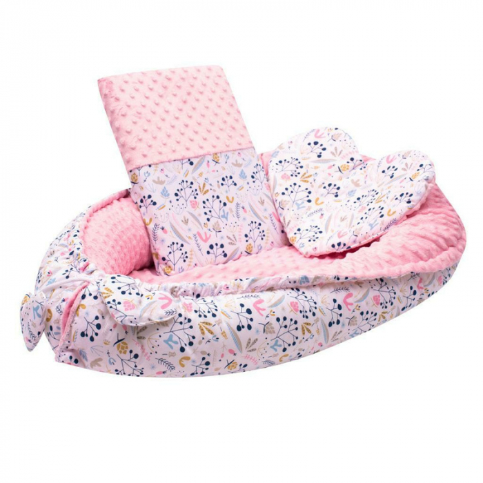 Set 3 piese Luxury, cosulet  Baby Nest 75x55 cm , paturica si pernuta in forma de inima, New Baby, Minky Cranberries [3]
