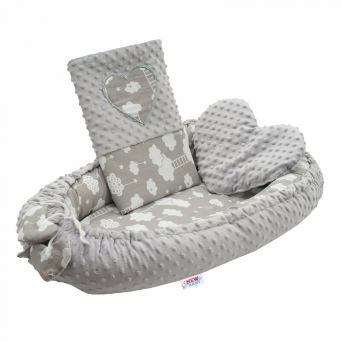 Set 3 piese, New Baby, Luxury, Baby Nest cu doua fete, Cu paturica si pernuta in forma de inima, Minky Heart Cloud [3]