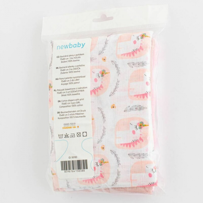 Set 3 scutece, New Baby, Multifunctionale, Din bumbac 100%, Material certificate Oeko Tex Standard 100, 70x80 cm, Multicolor, Girl [7]