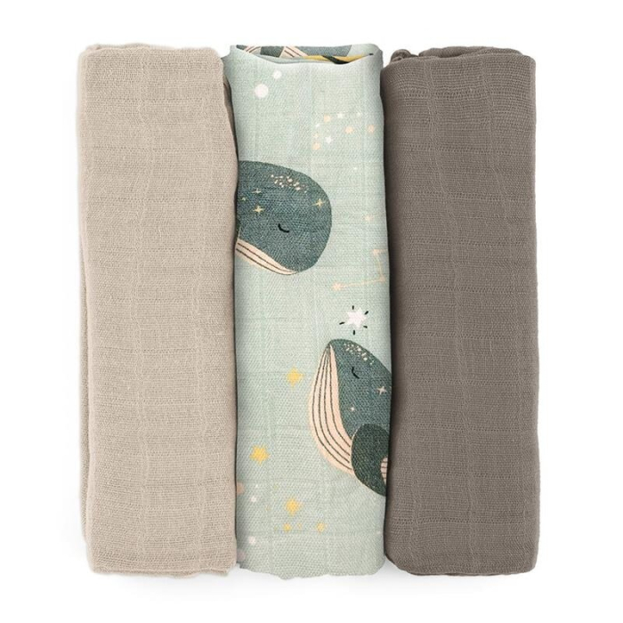Set 3 scutece, Petite&Mars, Moussy, Din muselina de bambus, Hipoalergenice, 68 x 68 cm, Certificate Oeko Tex Standard 100, Whale Song [1]