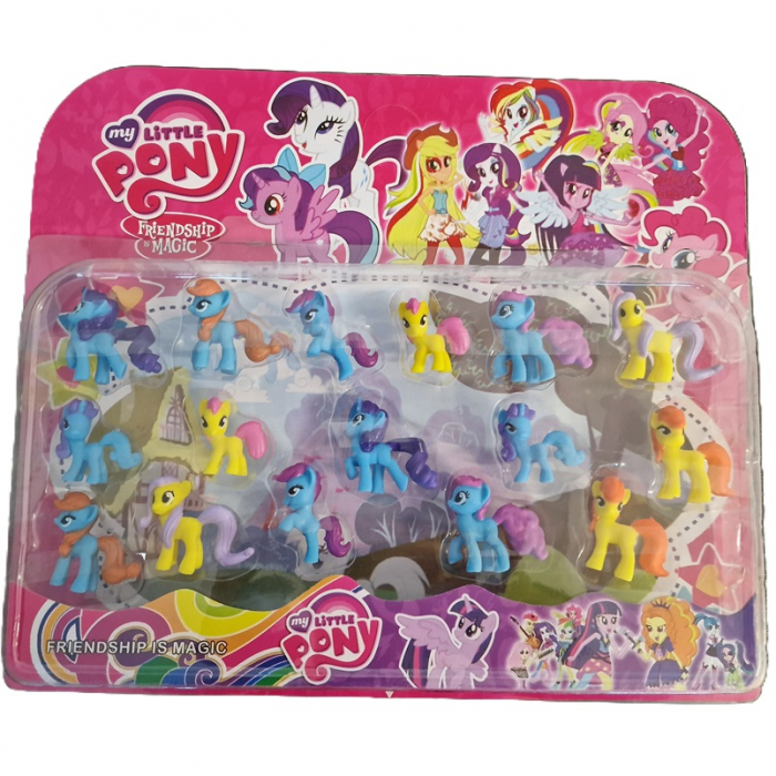 Setul de figurine My Little Pony include 16 ponei de jucărie, inspirați din seria “Friendship is Magic”. [1]
