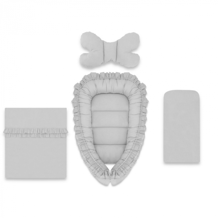 Set 4 in 1 Cosulet bebelus Baby Cocoon 75x55 cm, Cu volanase, paturica 50x70 cm, salteluta 60x32 cm, perna fluture 40x27 cm, Colectia Royal, Grey [1]